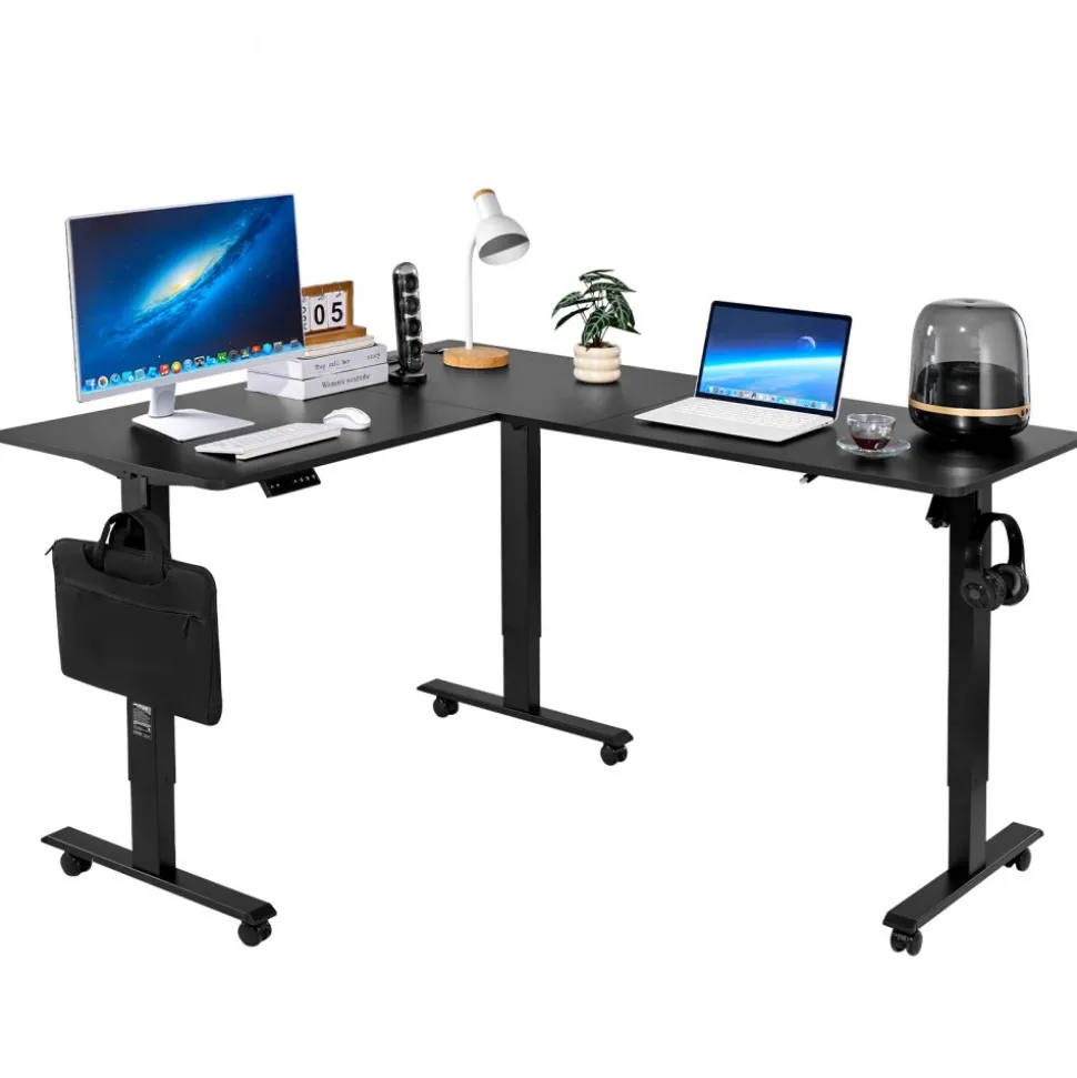 VEVOR L Shaped Desk, Electric Adjustable Height Corner Gaming Desk with Dual Hooks and Wheels, Heavy Duty Carbon Steel L-Shaped Computer Table with Power Strip for Home Office, Easy to Assemble, Black