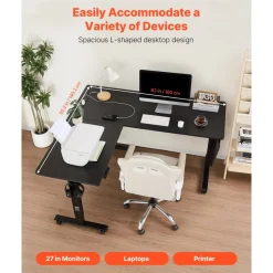 VEVOR L Shaped Desk, Electric Adjustable Height Corner Gaming Desk with Dual Hooks and Wheels, Heavy Duty Carbon Steel L-Shaped Computer Table with Power Strip for Home Office, Easy to Assemble, Black