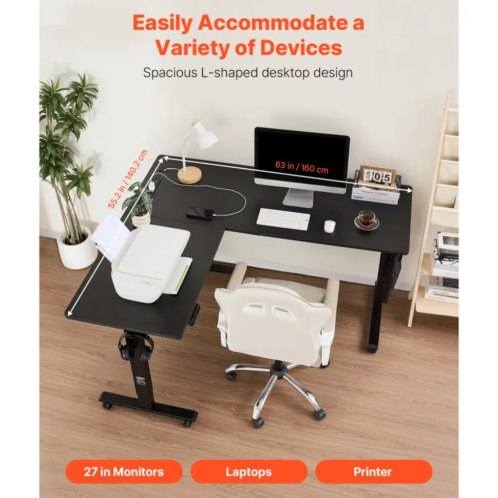VEVOR L Shaped Desk, Electric Adjustable Height Corner Gaming Desk with Dual Hooks and Wheels, Heavy Duty Carbon Steel L-Shaped Computer Table with Power Strip for Home Office, Easy to Assemble, Black
