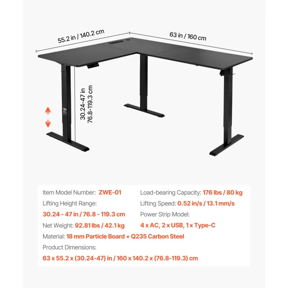 VEVOR L Shaped Desk, Electric Adjustable Height Corner Gaming Desk with Dual Hooks and Wheels, Heavy Duty Carbon Steel L-Shaped Computer Table with Power Strip for Home Office, Easy to Assemble, Black