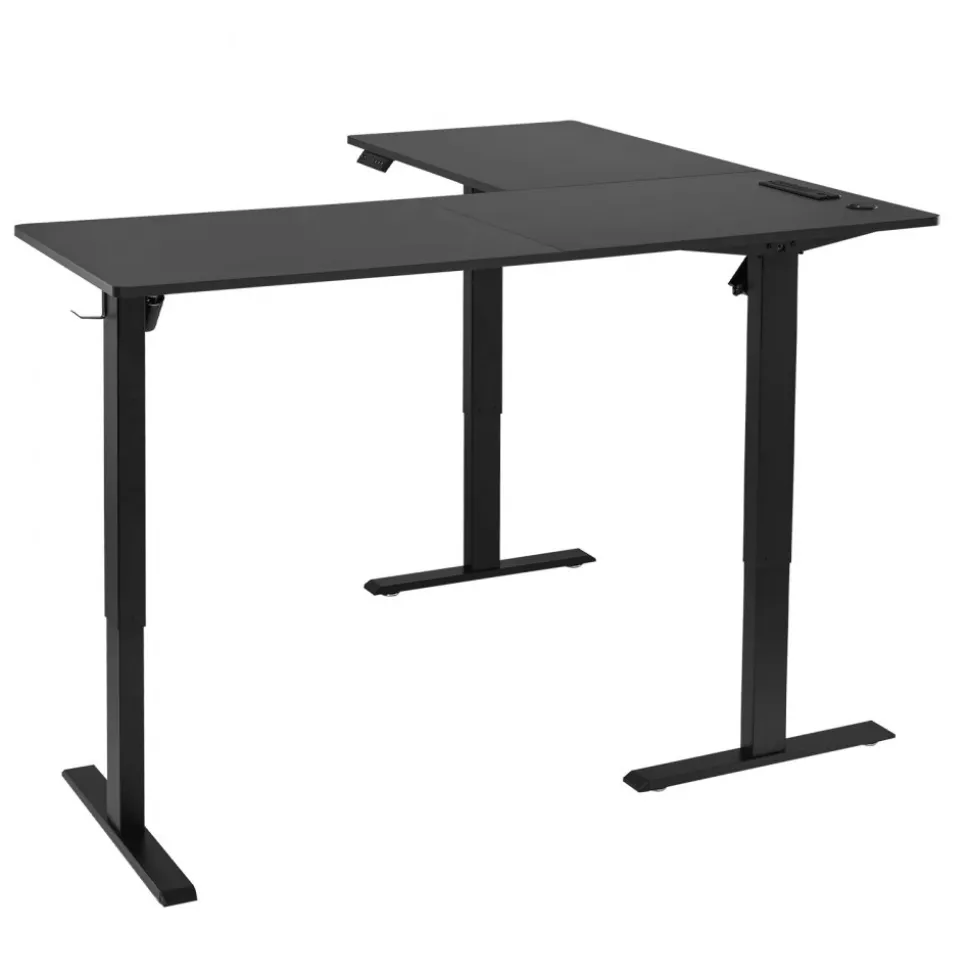 VEVOR L Shaped Desk, Electric Adjustable Height Corner Gaming Desk with Dual Hooks and Wheels, Heavy Duty Carbon Steel L-Shaped Computer Table with Power Strip for Home Office, Easy to Assemble, Black