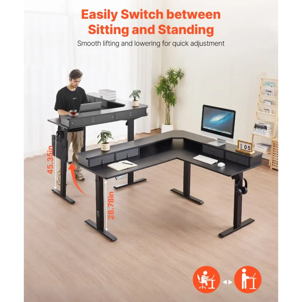 VEVOR L Shaped Desk, Electric Adjustable Height Corner Gaming Desk with CPU Stands, Dual Hooks and Fabric Drawers, L-Shaped Computer Table with Power Strip for Home Office, Easy to Assemble, Black