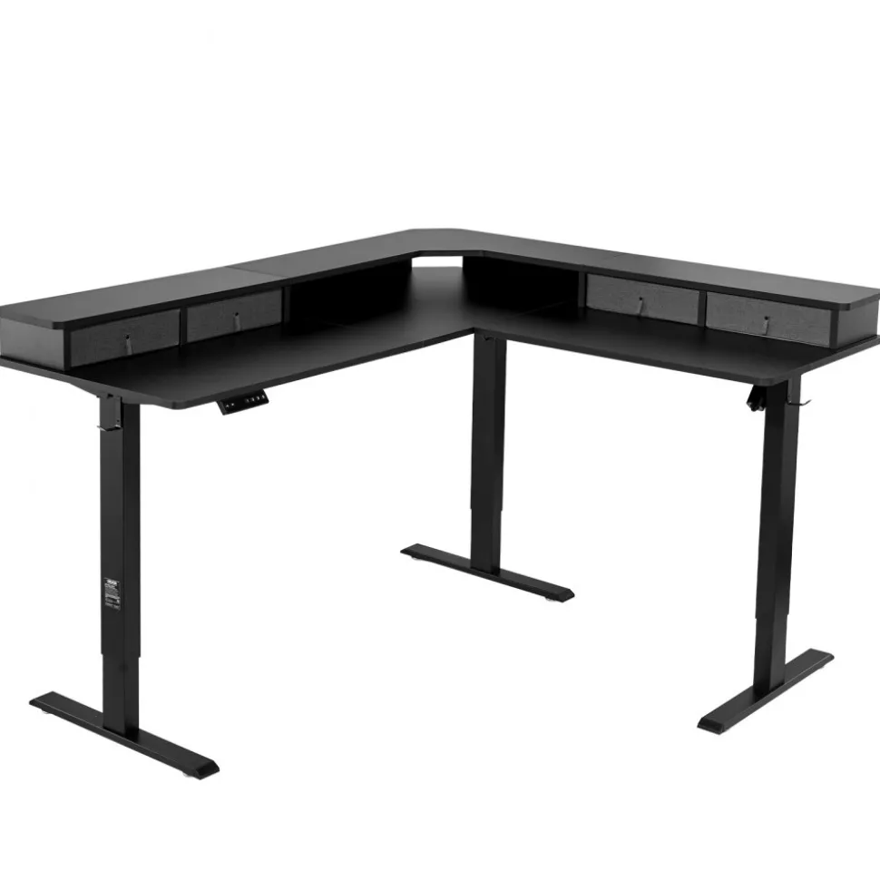 VEVOR L Shaped Desk, Electric Adjustable Height Corner Gaming Desk with CPU Stands, Dual Hooks and Fabric Drawers, L-Shaped Computer Table with Power Strip for Home Office, Easy to Assemble, Black