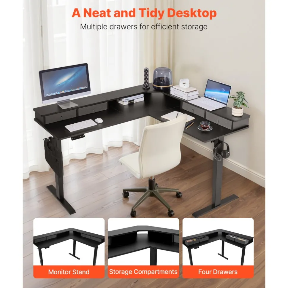 VEVOR L Shaped Desk, Electric Adjustable Height Corner Gaming Desk with CPU Stands, Dual Hooks and Fabric Drawers, L-Shaped Computer Table with Power Strip for Home Office, Easy to Assemble, Black
