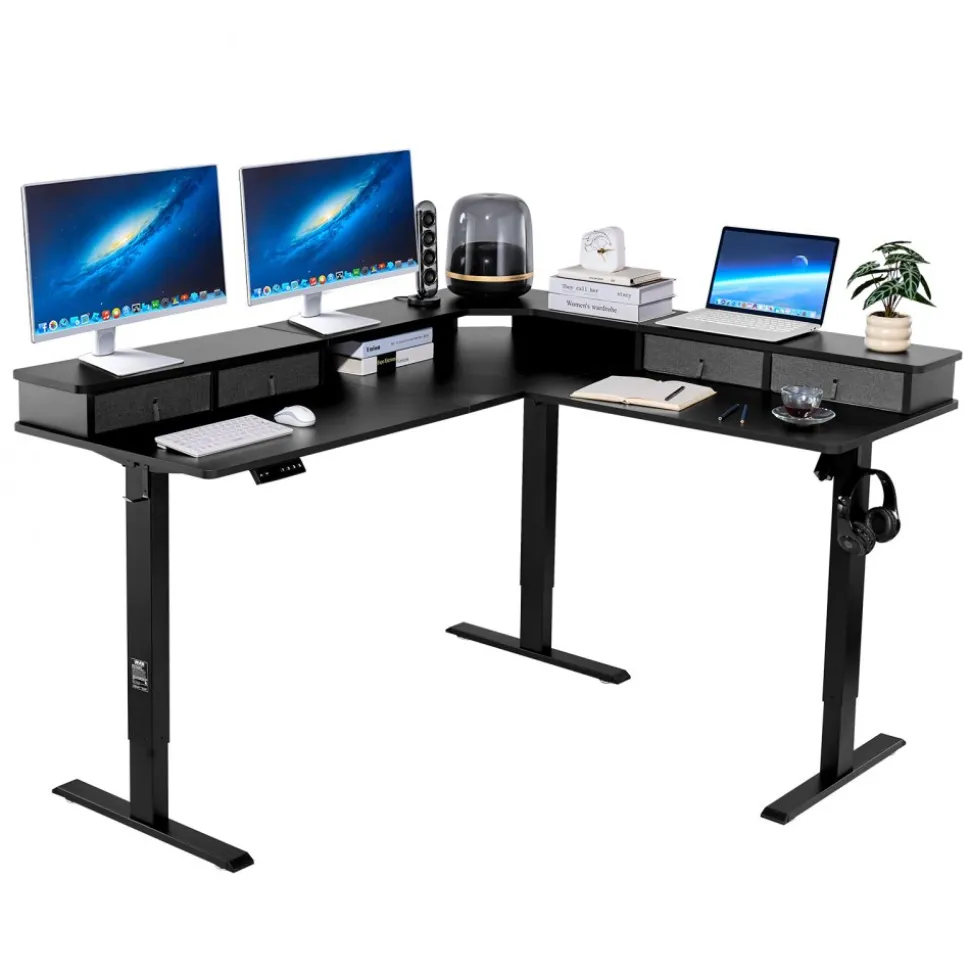 VEVOR L Shaped Desk, Electric Adjustable Height Corner Gaming Desk with CPU Stands, Dual Hooks and Fabric Drawers, L-Shaped Computer Table with Power Strip for Home Office, Easy to Assemble, Black