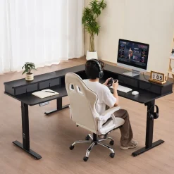 VEVOR L Shaped Desk, Electric Adjustable Height Corner Gaming Desk with CPU Stands, Dual Hooks and Fabric Drawers, L-Shaped Computer Table with Power Strip for Home Office, Easy to Assemble, Black