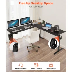 VEVOR L Shaped Desk, Electric Adjustable Height Corner Gaming Desk with Dual Hooks, Heavy Duty Carbon Steel L-Shaped Computer Table with Power Outlets for Home, Office, Study, Easy to Assemble, Black