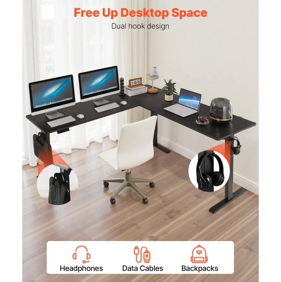 VEVOR L Shaped Desk, Electric Adjustable Height Corner Gaming Desk with Dual Hooks, Heavy Duty Carbon Steel L-Shaped Computer Table with Power Outlets for Home, Office, Study, Easy to Assemble, Black