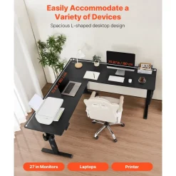 VEVOR L Shaped Desk, Electric Adjustable Height Corner Gaming Desk with Dual Hooks, Heavy Duty Carbon Steel L-Shaped Computer Table with Power Outlets for Home, Office, Study, Easy to Assemble, Black