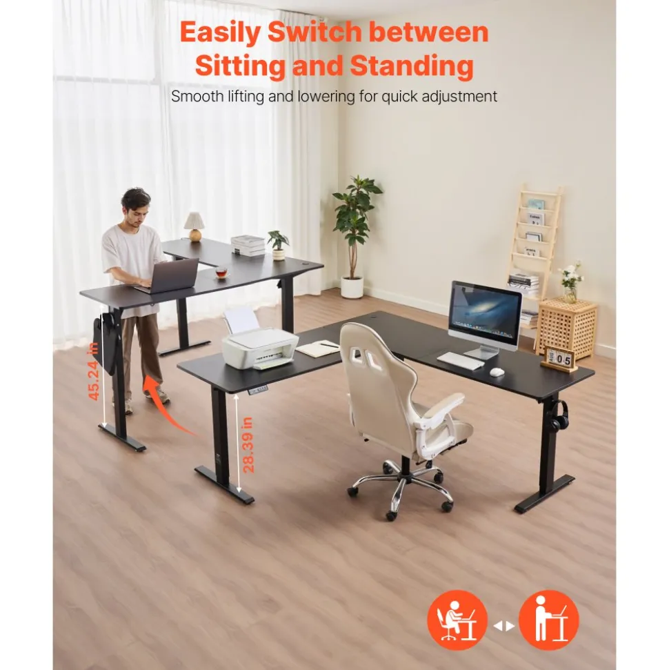 VEVOR L Shaped Desk, Electric Adjustable Height Corner Gaming Desk with Dual Hooks, Heavy Duty Carbon Steel L-Shaped Computer Table with Power Outlets for Home, Office, Study, Easy to Assemble, Black
