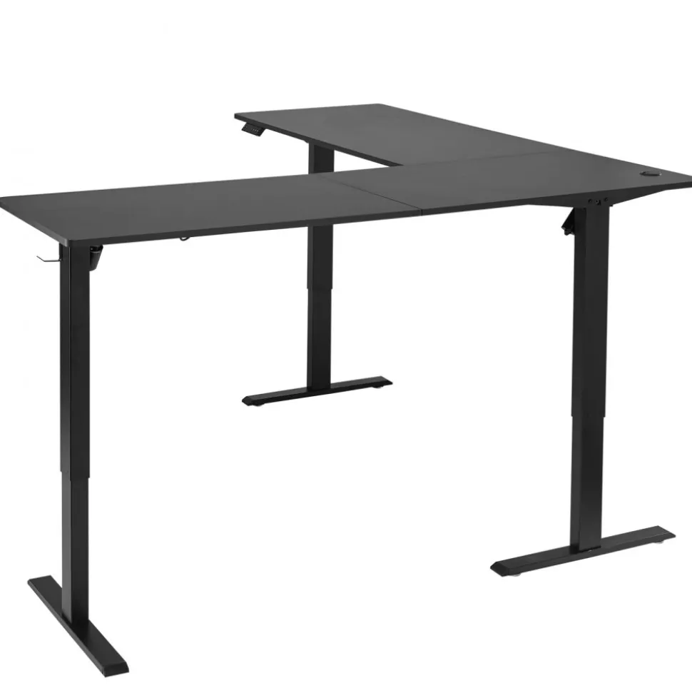 VEVOR L Shaped Desk, Electric Adjustable Height Corner Gaming Desk with Dual Hooks, Heavy Duty Carbon Steel L-Shaped Computer Table with Power Outlets for Home, Office, Study, Easy to Assemble, Black