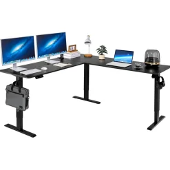 VEVOR L Shaped Desk, Electric Adjustable Height Corner Gaming Desk with Dual Hooks, Heavy Duty Carbon Steel L-Shaped Computer Table with Power Outlets for Home, Office, Study, Easy to Assemble, Black
