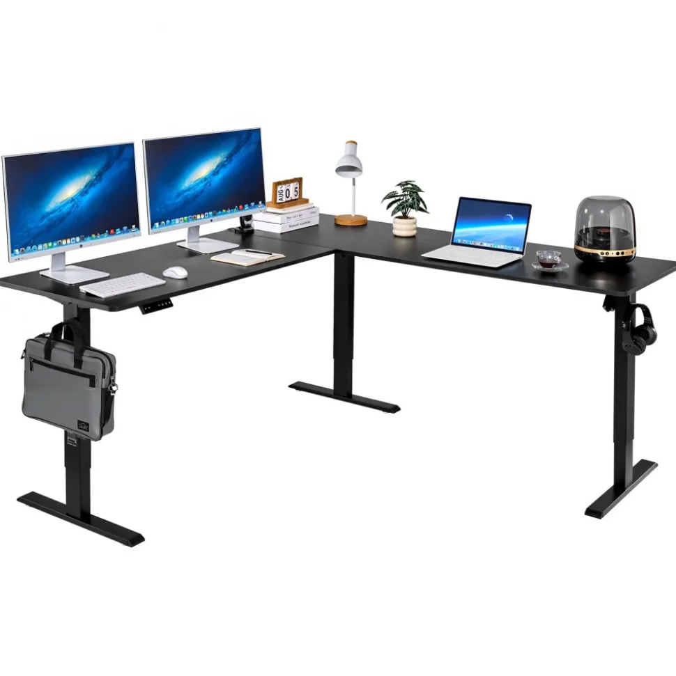VEVOR L Shaped Desk, Electric Adjustable Height Corner Gaming Desk with Dual Hooks, Heavy Duty Carbon Steel L-Shaped Computer Table with Power Outlets for Home, Office, Study, Easy to Assemble, Black