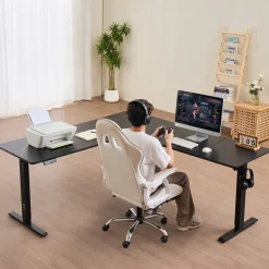 VEVOR L Shaped Desk, Electric Adjustable Height Corner Gaming Desk with Dual Hooks, Heavy Duty Carbon Steel L-Shaped Computer Table with Power Outlets for Home, Office, Study, Easy to Assemble, Black