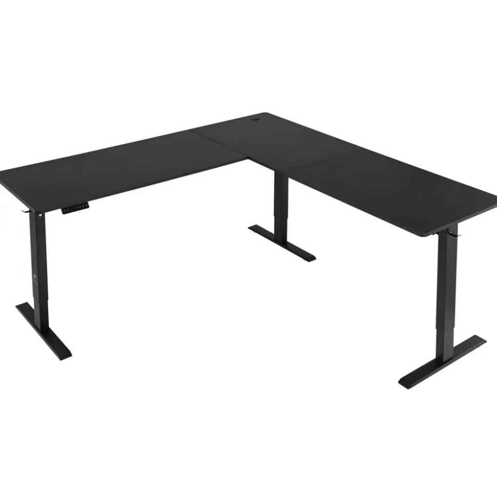 VEVOR L Shaped Desk, Electric Adjustable Height Corner Gaming Desk with Dual Hooks, Heavy Duty Carbon Steel L-Shaped Computer Table with Power Outlets for Home, Office, Study, Easy to Assemble, Black
