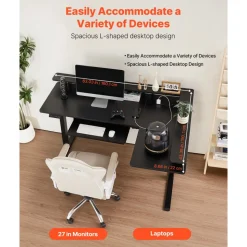 VEVOR L Shaped Desk, Electric Adjustable Height Corner Gaming Desk with Keyboard Tray and Dual Hooks, Heavy Duty L-Shaped Computer Table with Light Strip for Home Office, Easy to Assemble, Black