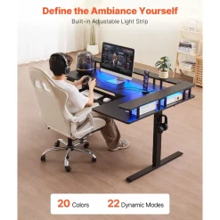 VEVOR L Shaped Desk, Electric Adjustable Height Corner Gaming Desk with Keyboard Tray and Dual Hooks, Heavy Duty L-Shaped Computer Table with Light Strip for Home Office, Easy to Assemble, Black