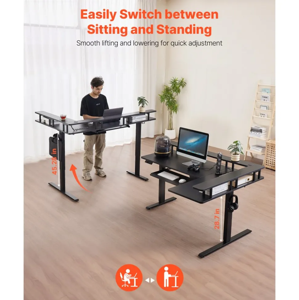 VEVOR L Shaped Desk, Electric Adjustable Height Corner Gaming Desk with Keyboard Tray and Dual Hooks, Heavy Duty L-Shaped Computer Table with Light Strip for Home Office, Easy to Assemble, Black
