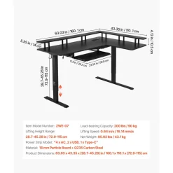 VEVOR L Shaped Desk, Electric Adjustable Height Corner Gaming Desk with Keyboard Tray and Dual Hooks, Heavy Duty L-Shaped Computer Table with Light Strip for Home Office, Easy to Assemble, Black