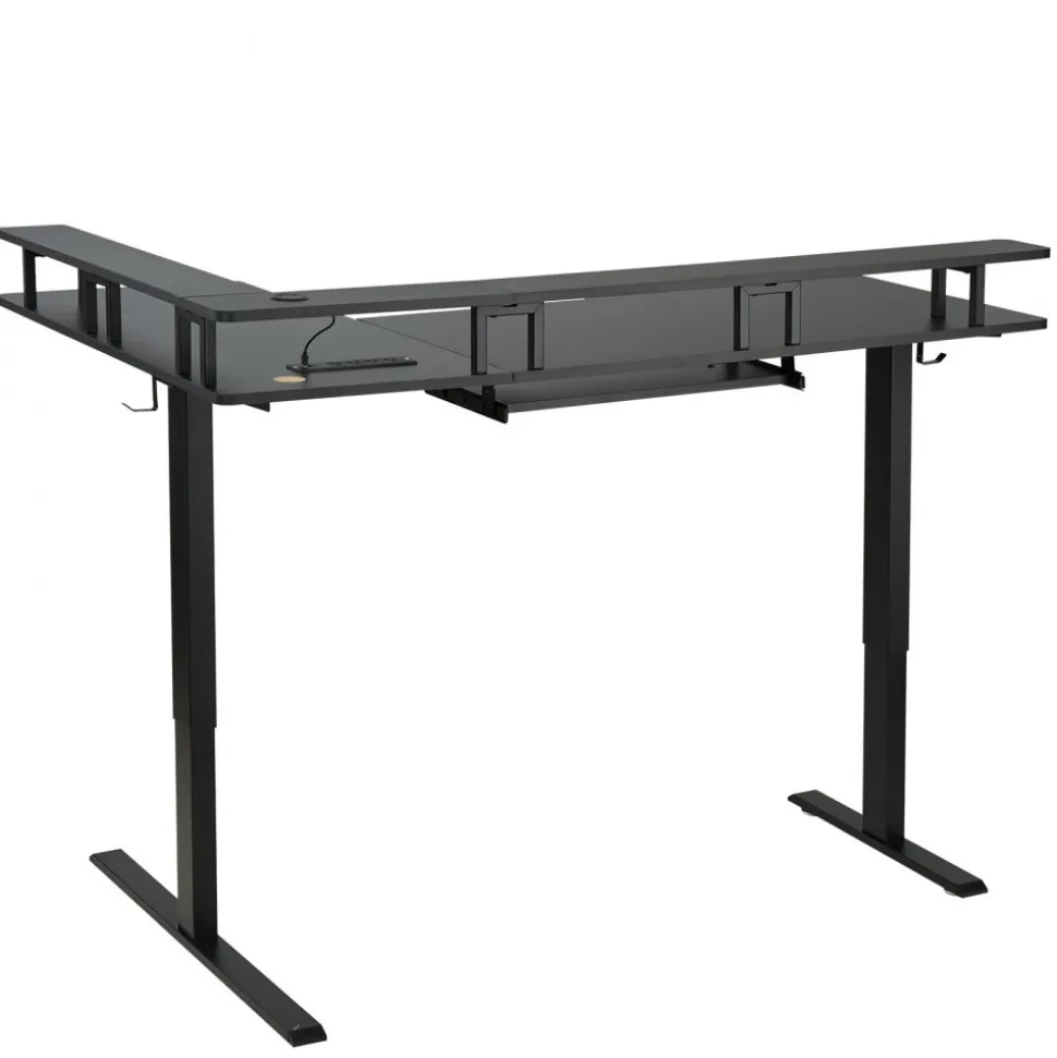 VEVOR L Shaped Desk, Electric Adjustable Height Corner Gaming Desk with Keyboard Tray and Dual Hooks, Heavy Duty L-Shaped Computer Table with Light Strip for Home Office, Easy to Assemble, Black