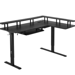 VEVOR L Shaped Desk, Electric Adjustable Height Corner Gaming Desk with Keyboard Tray and Dual Hooks, Heavy Duty L-Shaped Computer Table with Light Strip for Home Office, Easy to Assemble, Black