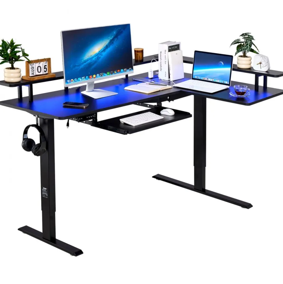 VEVOR L Shaped Desk, Electric Adjustable Height Corner Gaming Desk with Keyboard Tray and Dual Hooks, Heavy Duty L-Shaped Computer Table with Light Strip for Home Office, Easy to Assemble, Black
