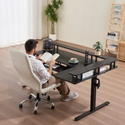 VEVOR L Shaped Desk, Electric Adjustable Height Corner Gaming Desk with Keyboard Tray and Dual Hooks, Heavy Duty L-Shaped Computer Table with Light Strip for Home Office, Easy to Assemble, Black