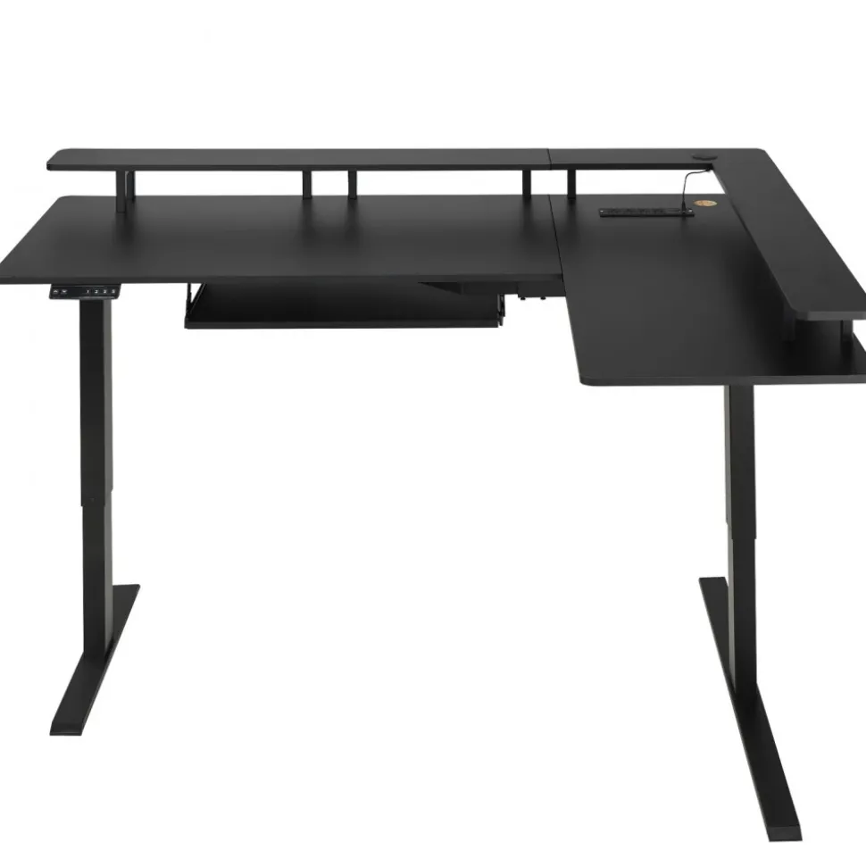 VEVOR L Shaped Desk, Electric Adjustable Height Corner Gaming Desk with Keyboard Tray and Dual Hooks, Heavy Duty L-Shaped Computer Table with Light Strip for Home Office, Easy to Assemble, Black