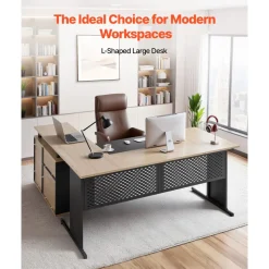 VEVOR L-Shaped Executive Desk, Modern Reversible Office Table with Drawers & Storage Cabinet, Heavy Duty Large Wooden Executive Table, 350 LBS Load Capacity, Easy Assembly, for Work Study Writing
