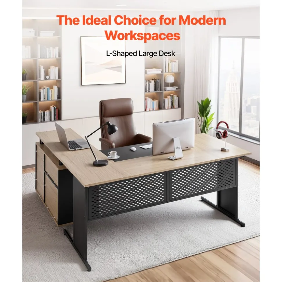 VEVOR L-Shaped Executive Desk, Modern Reversible Office Table with Drawers & Storage Cabinet, Heavy Duty Large Wooden Executive Table, 350 LBS Load Capacity, Easy Assembly, for Work Study Writing