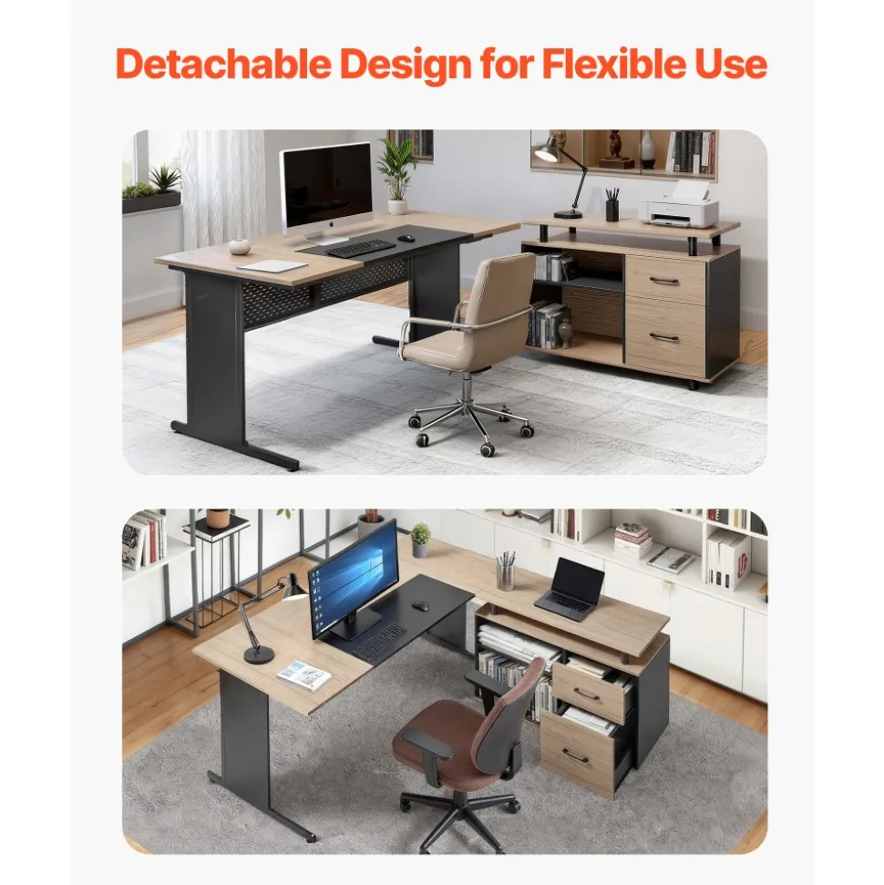 VEVOR L-Shaped Executive Desk, Modern Reversible Office Table with Drawers & Storage Cabinet, Heavy Duty Large Wooden Executive Table, 350 LBS Load Capacity, Easy Assembly, for Work Study Writing