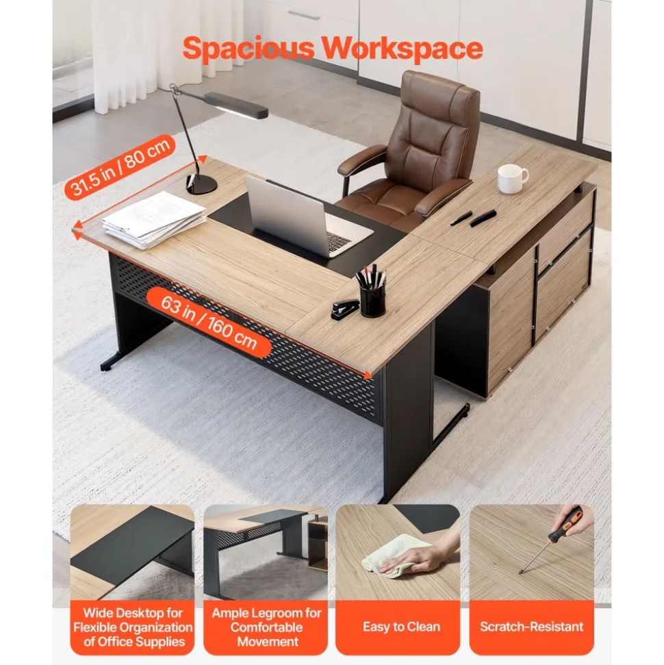 VEVOR L-Shaped Executive Desk, Modern Reversible Office Table with Drawers & Storage Cabinet, Heavy Duty Large Wooden Executive Table, 350 LBS Load Capacity, Easy Assembly, for Work Study Writing
