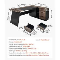 VEVOR L-Shaped Executive Desk, Large Modern Office Table with Drawers and Storage Cabinet, Heavy Duty Wooden Executive Table, 350 LBS Load Capacity, Easy Assembly, for Work Study Writing, Brown+Black
