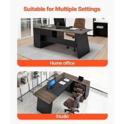 VEVOR L-Shaped Executive Desk, Large Modern Office Table with Drawers and Storage Cabinet, Heavy Duty Wooden Executive Table, 350 LBS Load Capacity, Easy Assembly, for Work Study Writing, Brown+Black