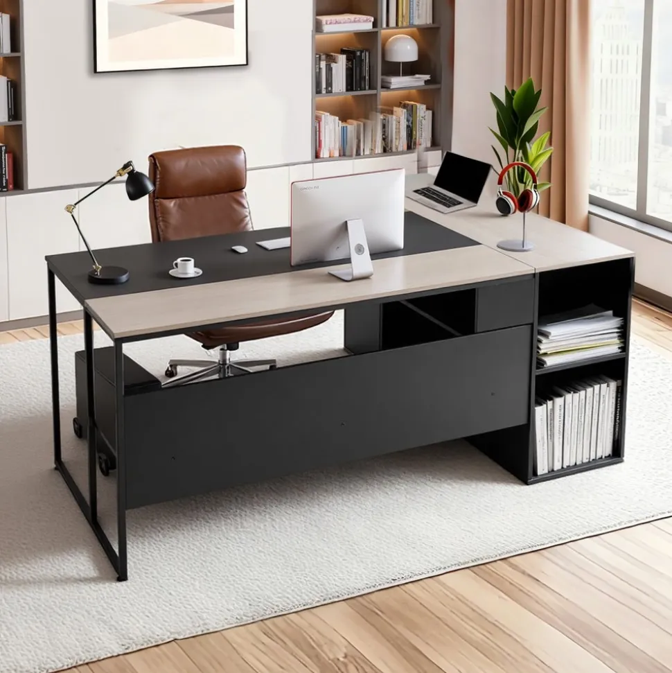 VEVOR L-Shaped Executive Desk, Large Modern Office Table with Drawers & Storage Cabinet, Heavy Duty Wooden Executive Table with CPU Stand, 350 LBS Load Capacity, Easy Assembly, for Work Study Writing