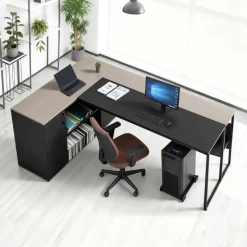 VEVOR L-Shaped Executive Desk, Large Modern Office Table with Drawers & Storage Cabinet, Heavy Duty Wooden Executive Table with CPU Stand, 350 LBS Load Capacity, Easy Assembly, for Work Study Writing