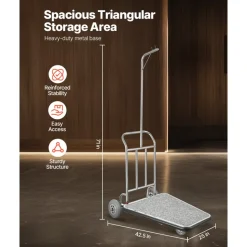 VEVOR Luggage Cart, 600 LBS Load Capacity, 3 Wheel Stainless Steel Bellman Cart, Valet Cart with Grey Carpeted Deck and Rubber Wheels, Ideal for Convention Centers, Hotels, Rental Properties, Silver