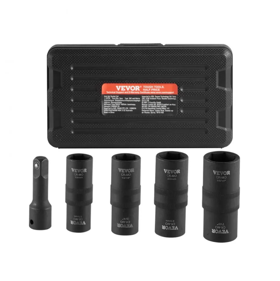 VEVOR Lug Nut Impact Socket Set, 1/2 inch Drive Metric and SAE 6-Point Flip Socket Set, 4 Total Lug Nut Sizes, CR-MO Steel Wheel Socket Set with Storage Case and Extension Bar, for Auto Repair