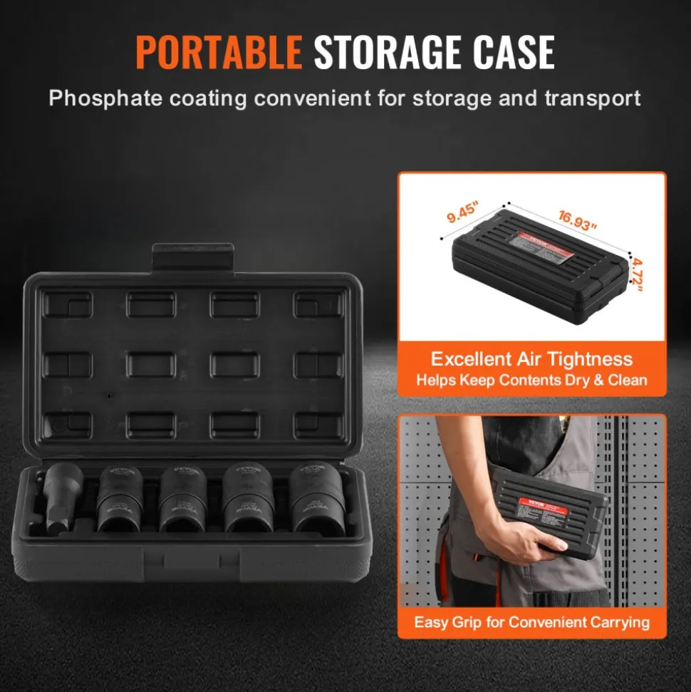 VEVOR Lug Nut Impact Socket Set, 1/2 inch Drive Metric and SAE 6-Point Flip Socket Set, 4 Total Lug Nut Sizes, CR-MO Steel Wheel Socket Set with Storage Case and Extension Bar, for Auto Repair
