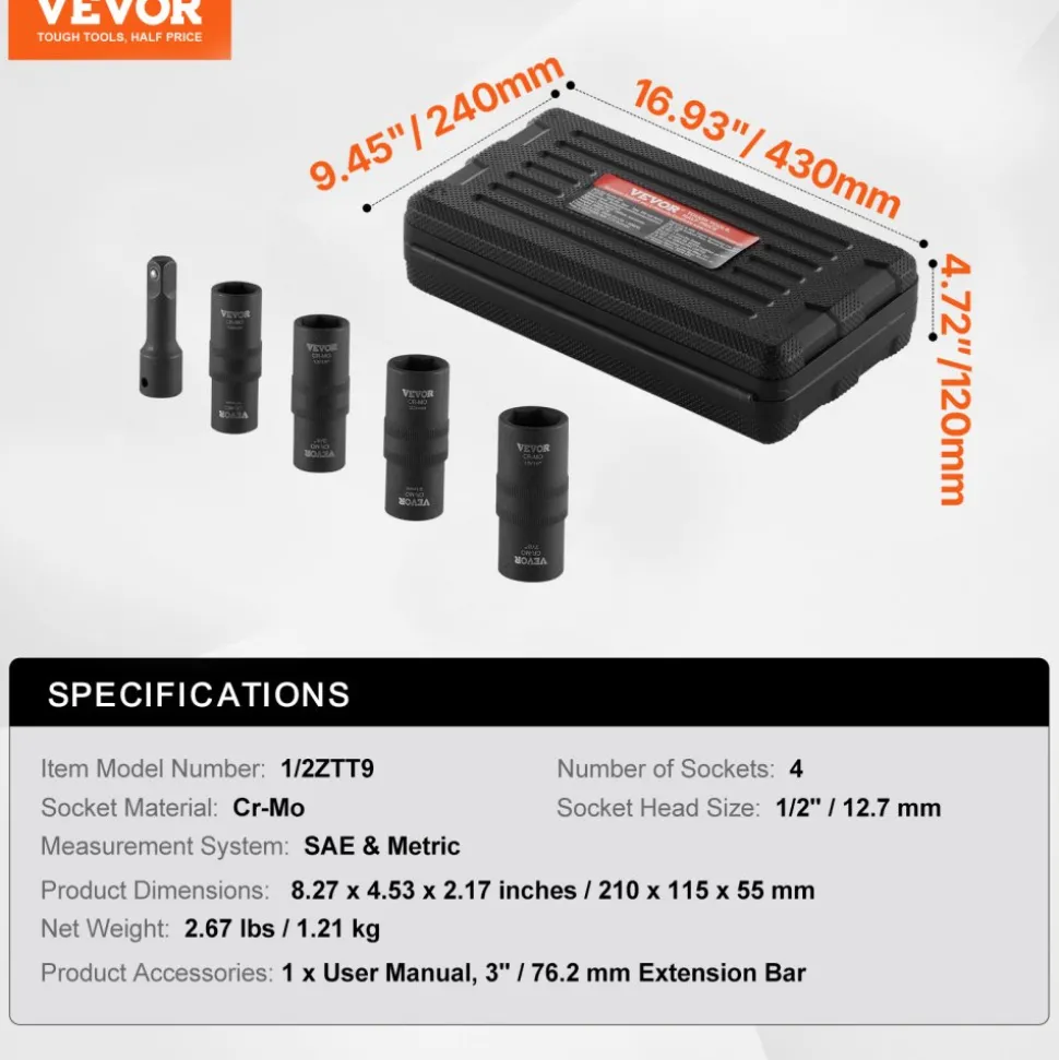 VEVOR Lug Nut Impact Socket Set, 1/2 inch Drive Metric and SAE 6-Point Flip Socket Set, 4 Total Lug Nut Sizes, CR-MO Steel Wheel Socket Set with Storage Case and Extension Bar, for Auto Repair
