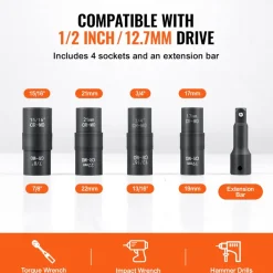VEVOR Lug Nut Impact Socket Set, 1/2 inch Drive Metric and SAE 6-Point Flip Socket Set, 4 Total Lug Nut Sizes, CR-MO Steel Wheel Socket Set with Storage Case and Extension Bar, for Auto Repair