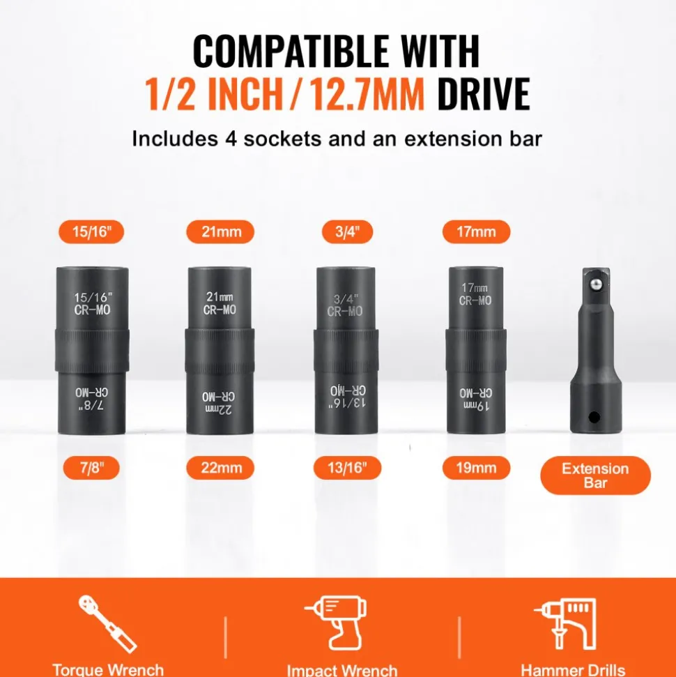 VEVOR Lug Nut Impact Socket Set, 1/2 inch Drive Metric and SAE 6-Point Flip Socket Set, 4 Total Lug Nut Sizes, CR-MO Steel Wheel Socket Set with Storage Case and Extension Bar, for Auto Repair