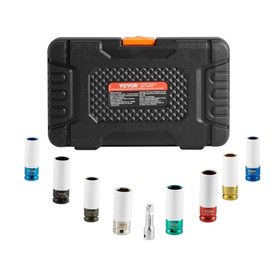 VEVOR Lug Nut Impact Socket Set, 1/2 inch Drive Metric and SAE 6-Point Deep Socket Set, 8 Total Lug Nut Sizes, CR-MO Steel Wheel Socket Set with Storage Case and Extension Bar, for Auto Repair