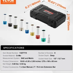 VEVOR Lug Nut Impact Socket Set, 1/2 inch Drive Metric and SAE 6-Point Deep Socket Set, 8 Total Lug Nut Sizes, CR-MO Steel Wheel Socket Set with Storage Case and Extension Bar, for Auto Repair