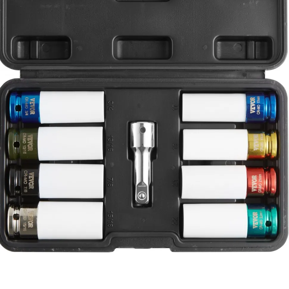 VEVOR Lug Nut Impact Socket Set, 1/2 inch Drive Metric and SAE 6-Point Deep Socket Set, 8 Total Lug Nut Sizes, CR-MO Steel Wheel Socket Set with Storage Case and Extension Bar, for Auto Repair
