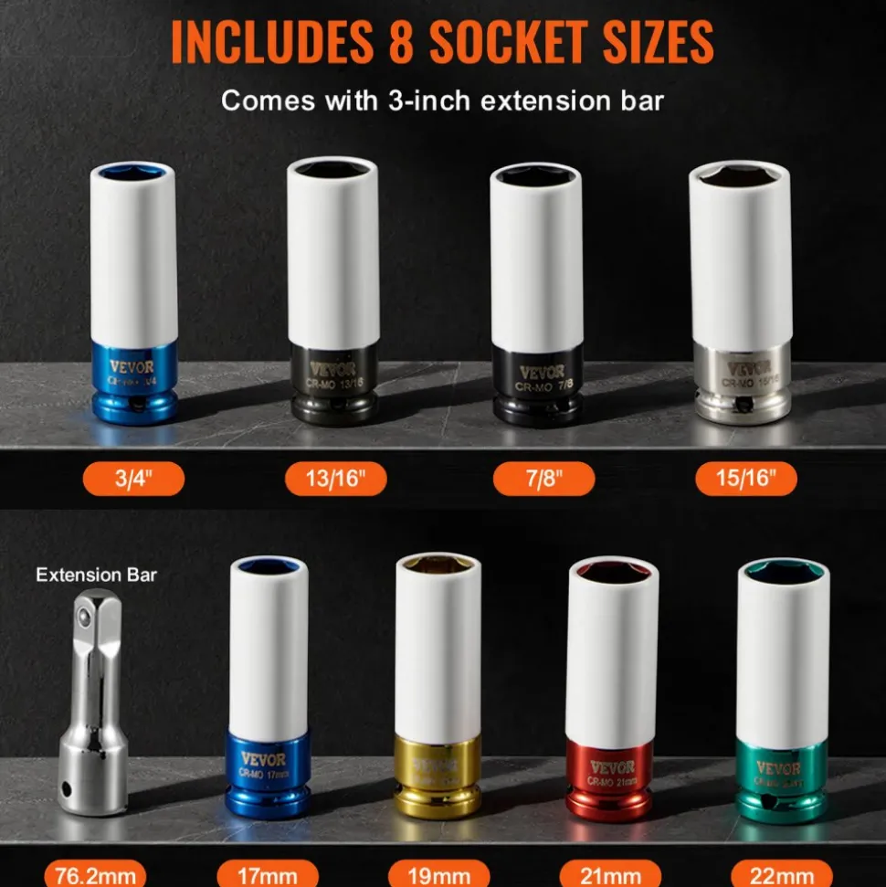 VEVOR Lug Nut Impact Socket Set, 1/2 inch Drive Metric and SAE 6-Point Deep Socket Set, 8 Total Lug Nut Sizes, CR-MO Steel Wheel Socket Set with Storage Case and Extension Bar, for Auto Repair