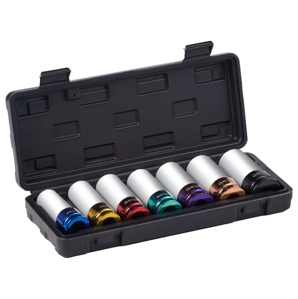 VEVOR Lug Nut Impact Socket Set, 1/2 inch Drive Metric 6-Point Deep Socket Set, 7 Total Lug Nut Sizes 17/19/21/22/23/24/27mm, CR-MO Steel Wheel Socket Set with Storage Case, for Auto Repair