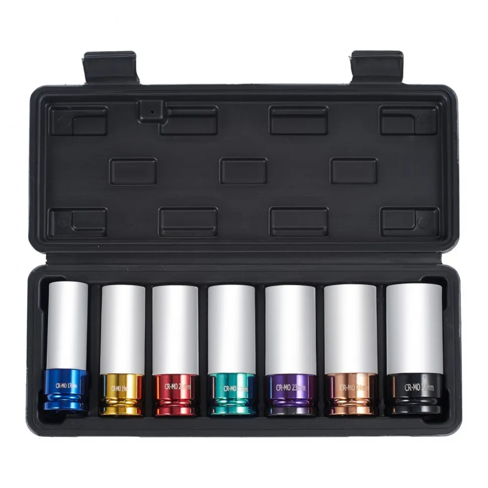 VEVOR Lug Nut Impact Socket Set, 1/2 inch Drive Metric 6-Point Deep Socket Set, 7 Total Lug Nut Sizes 17/19/21/22/23/24/27mm, CR-MO Steel Wheel Socket Set with Storage Case, for Auto Repair