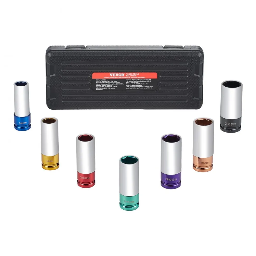 VEVOR Lug Nut Impact Socket Set, 1/2 inch Drive Metric 6-Point Deep Socket Set, 7 Total Lug Nut Sizes 17/19/21/22/23/24/27mm, CR-MO Steel Wheel Socket Set with Storage Case, for Auto Repair