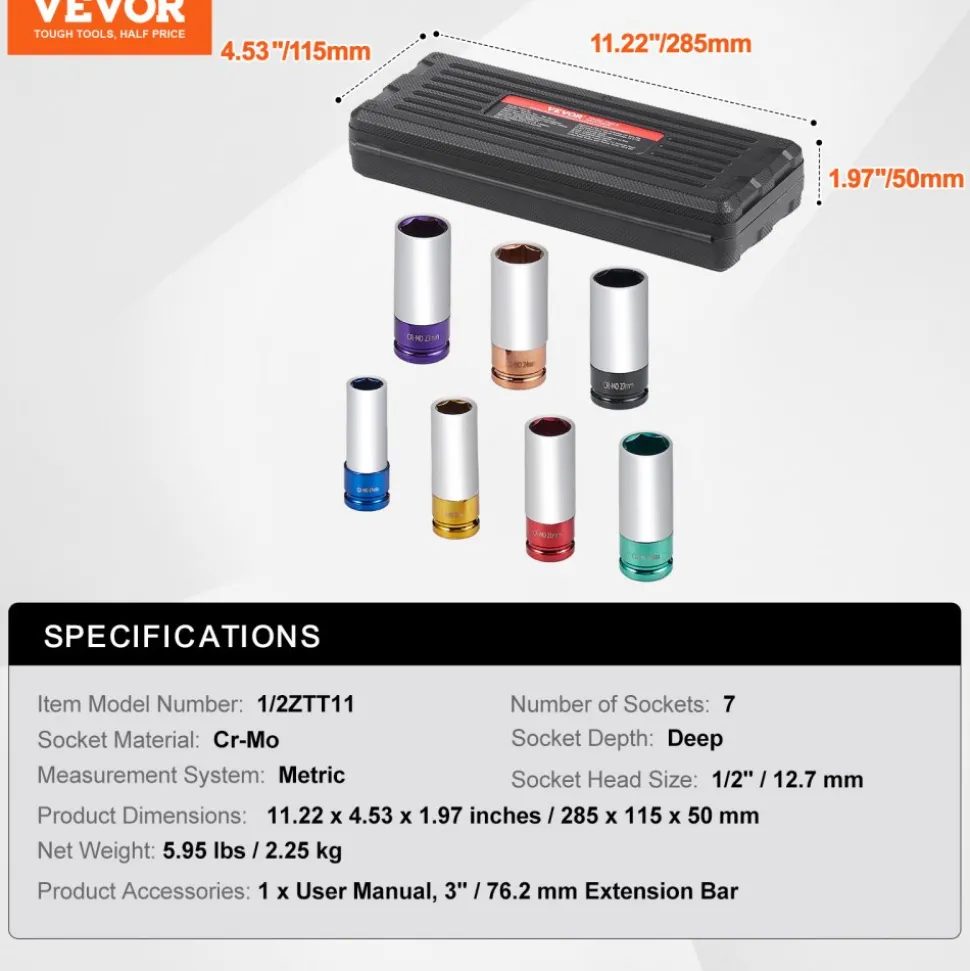 VEVOR Lug Nut Impact Socket Set, 1/2 inch Drive Metric 6-Point Deep Socket Set, 7 Total Lug Nut Sizes 17/19/21/22/23/24/27mm, CR-MO Steel Wheel Socket Set with Storage Case, for Auto Repair